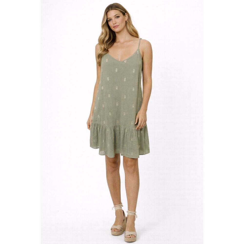NEW Blue Rain by Francesca's Mini Dress L Green Gold Sleeveless Embroidered